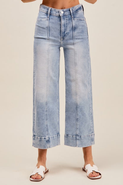 Mid Rise Stretch Wide Leg Denim Jeans Pants