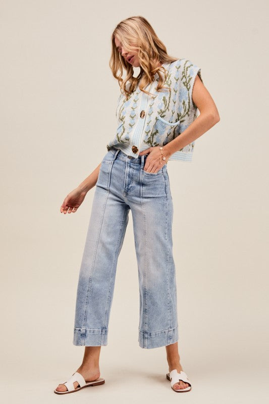 Mid Rise Stretch Wide Leg Denim Jeans Pants