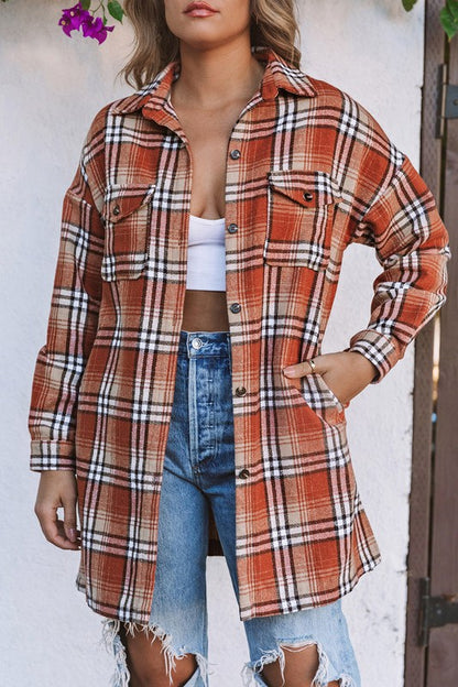 Missy Orange Plaid Side Slit Shirt Dress Shacket