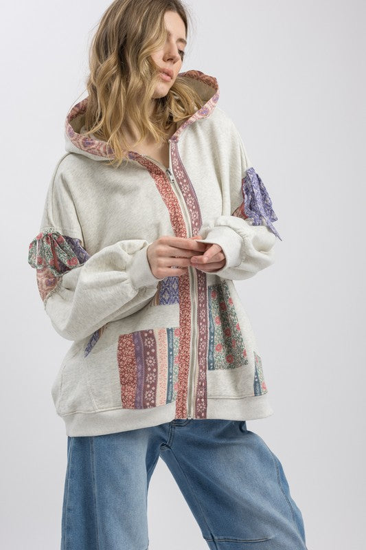 Multi Block Patchwork Zip Up Hoodie