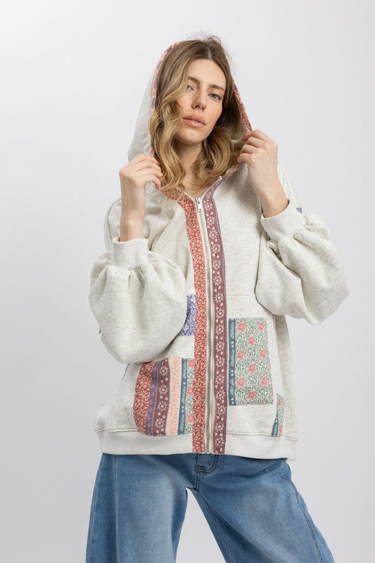 Multi Block Patchwork Zip Up Hoodie