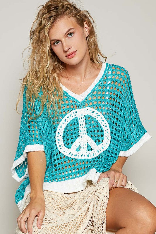 Pol Oversize V-neck short sleeve peace sign sweater