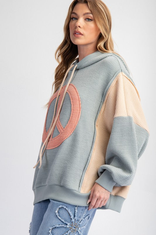 PEACE SIGN RIB KNIT HOODIE PULLOVER