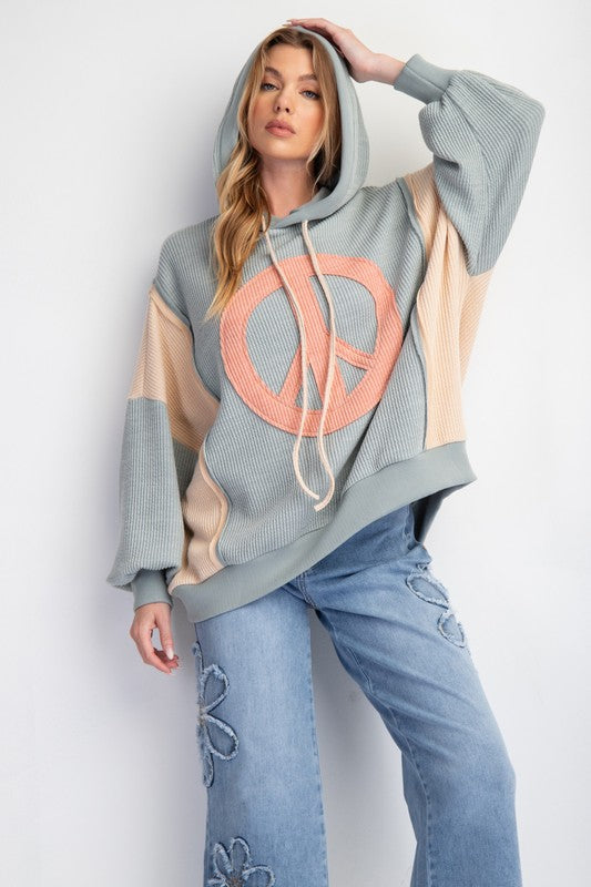 PEACE SIGN RIB KNIT HOODIE PULLOVER