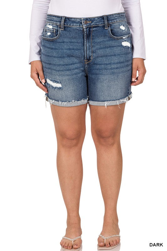 ZENANA PLUS DISTRESSED CUFFED RAW HEM DENIM SHORTS