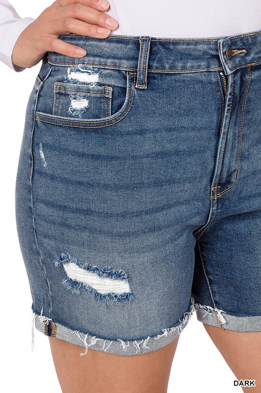 ZENANA PLUS DISTRESSED CUFFED RAW HEM DENIM SHORTS