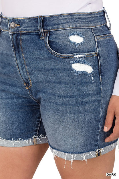 ZENANA PLUS DISTRESSED CUFFED RAW HEM DENIM SHORTS