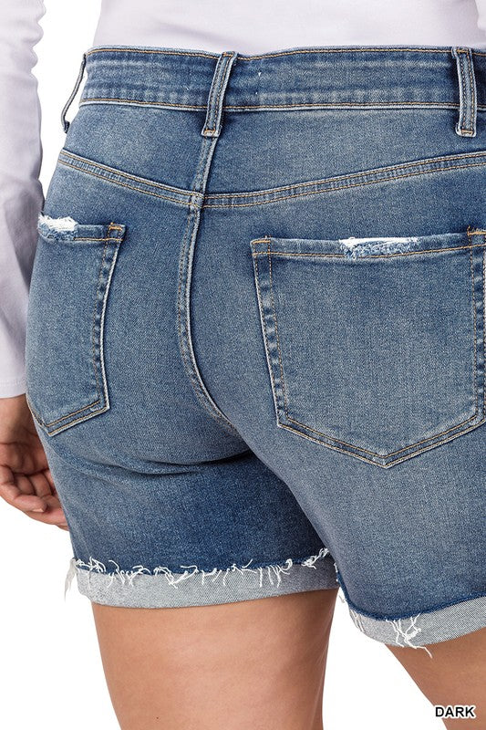 ZENANA PLUS DISTRESSED CUFFED RAW HEM DENIM SHORTS