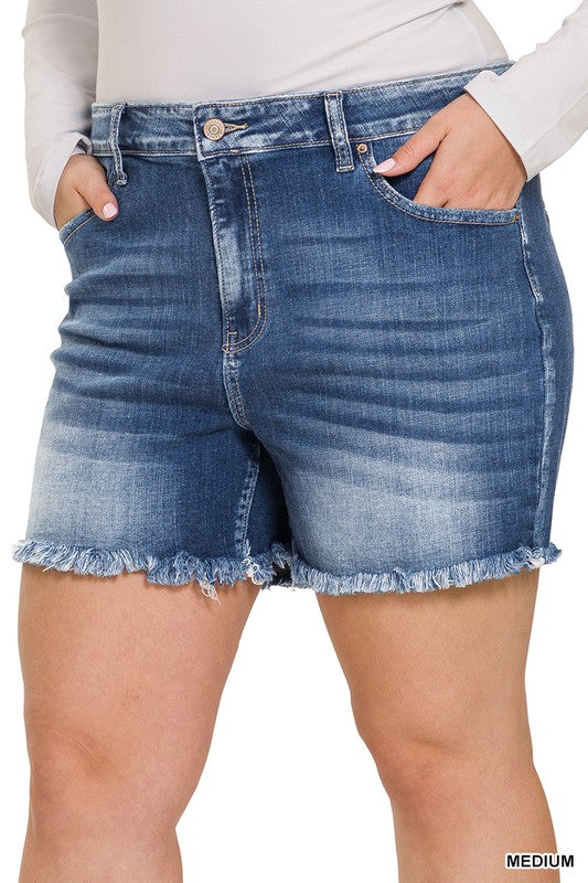 ZENANA PLUS MID RISE RAW FRAYED HEM DENIM SHORTS