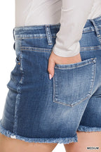 ZENANA PLUS MID RISE RAW FRAYED HEM DENIM SHORTS