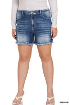 ZENANA PLUS MID RISE RAW FRAYED HEM DENIM SHORTS
