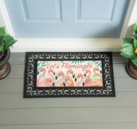 Palm Beach Flamingo Flocked Coir Sassafras Switch Mat, "Let's Flamingle", 22"x10"