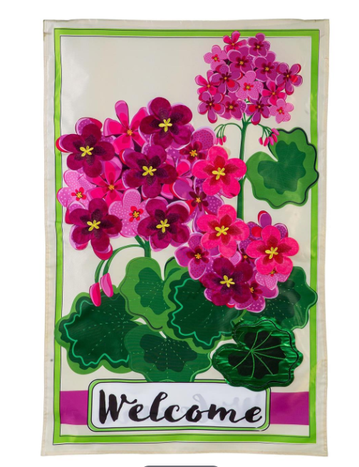 Pink Geranium Welcome Applique House Flag