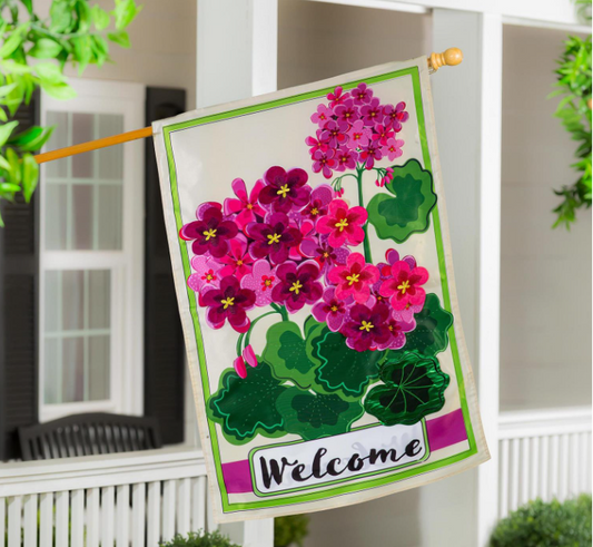 Pink Geranium Welcome Applique House Flag