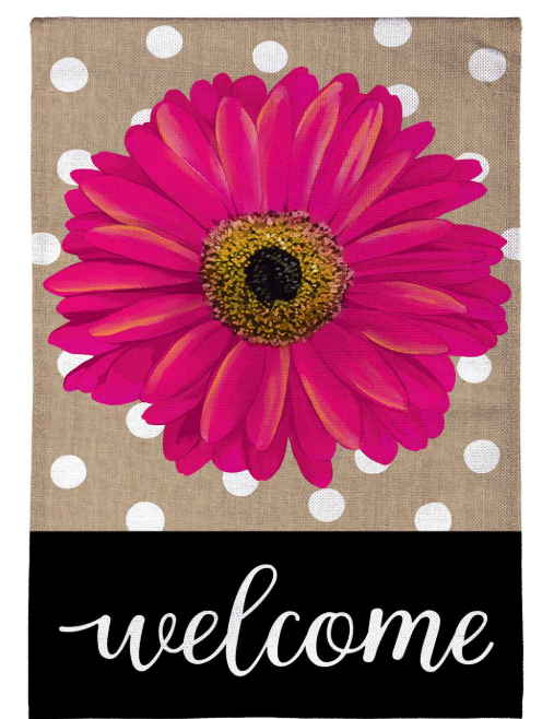 Pink Gerbera Dots Burlap House Flag