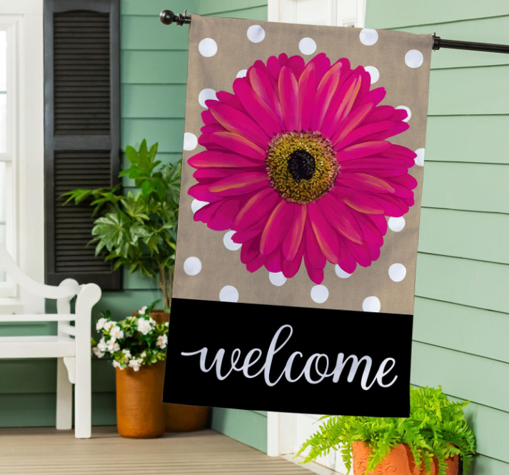 Pink Gerbera Dots Burlap House Flag