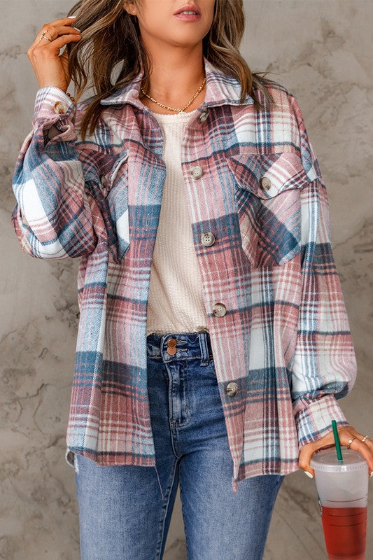 Amelia Pink Plaid Flap Pockets Shacket