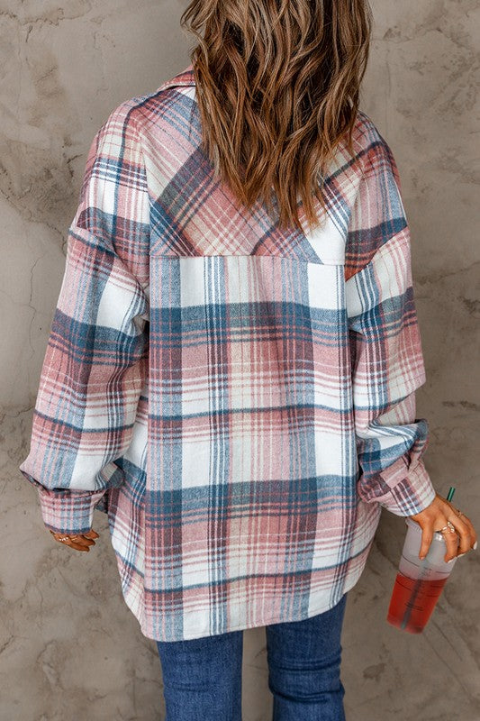 Amelia Pink Plaid Flap Pockets Shacket