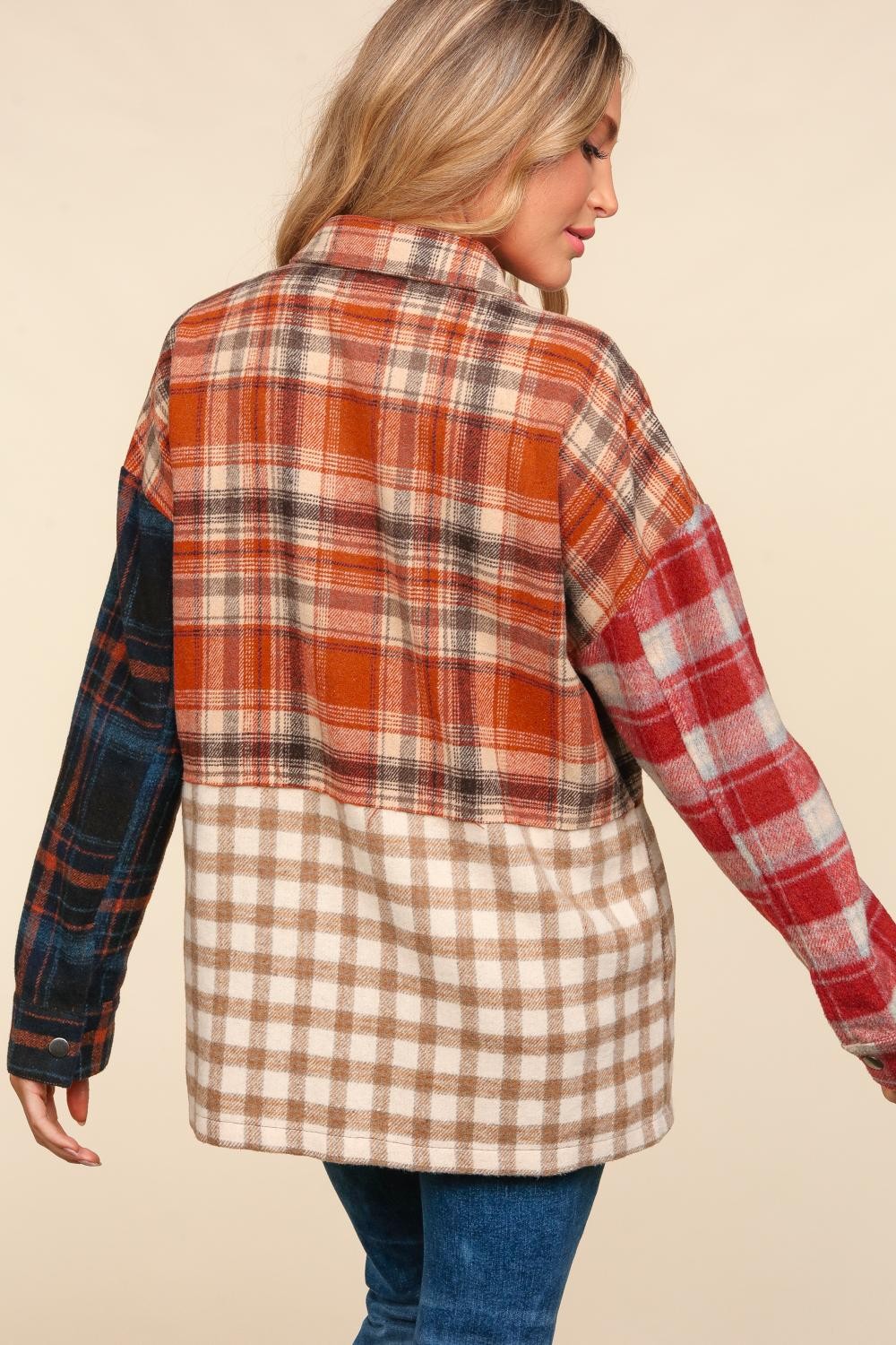 Flannel Color Block Snap Button Down Jacket
