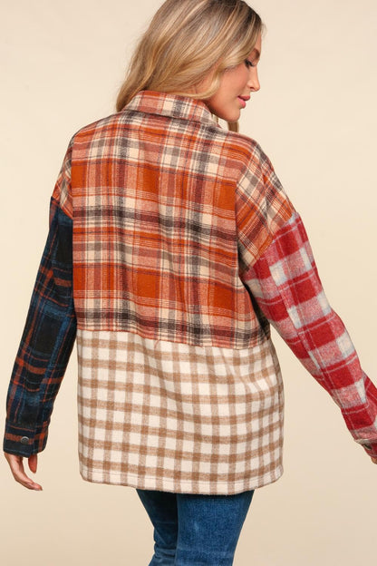 Flannel Color Block Snap Button Down Jacket