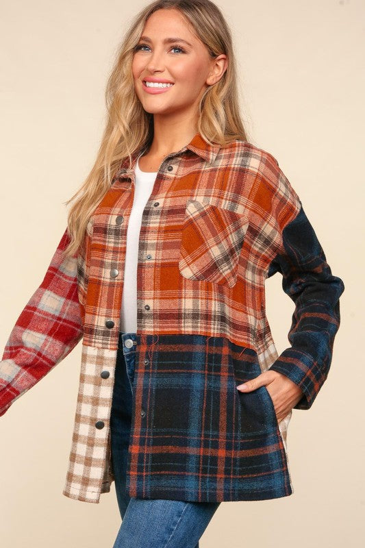 Flannel Color Block Snap Button Down Jacket