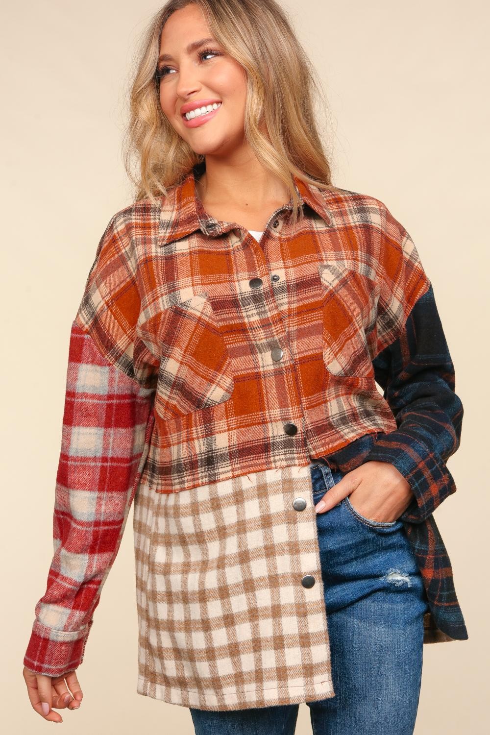 Flannel Color Block Snap Button Down Jacket