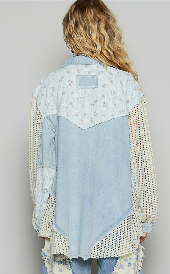 Denim Jacket Balloon Sleeve Detailed Floral Pattern