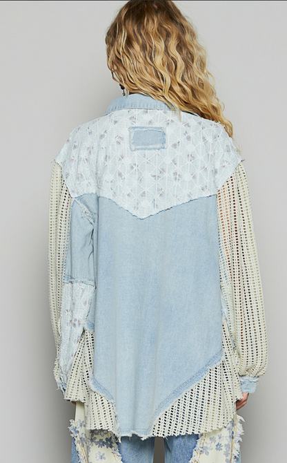 Denim Jacket Balloon Sleeve Detailed Floral Pattern