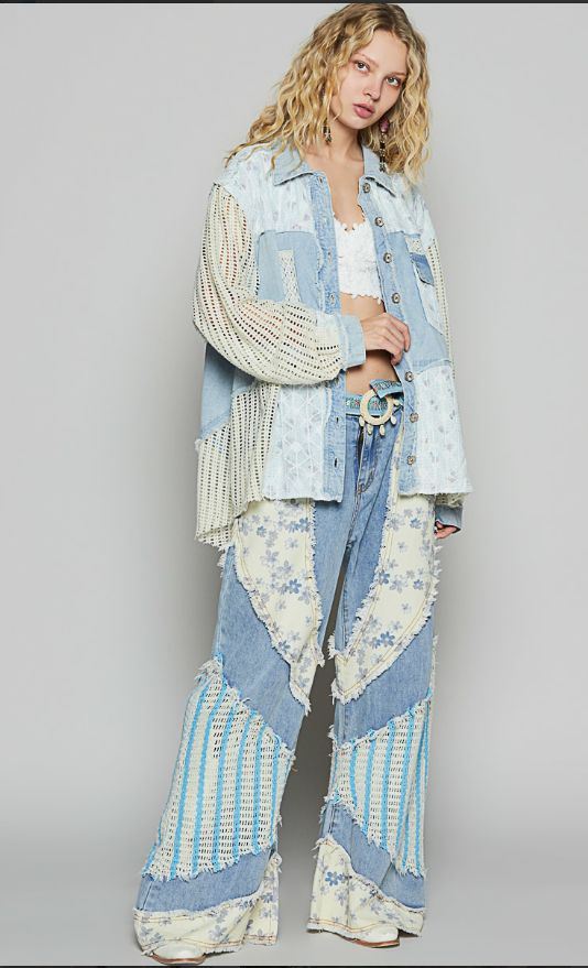 Denim Jacket Balloon Sleeve Detailed Floral Pattern