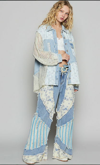Denim Jacket Balloon Sleeve Detailed Floral Pattern