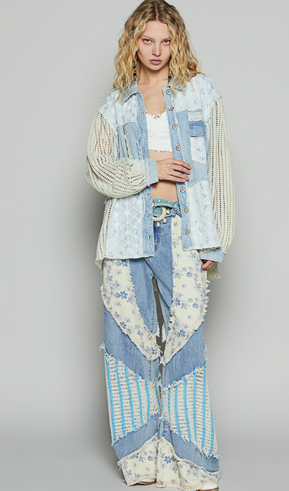 Denim Jacket Balloon Sleeve Detailed Floral Pattern