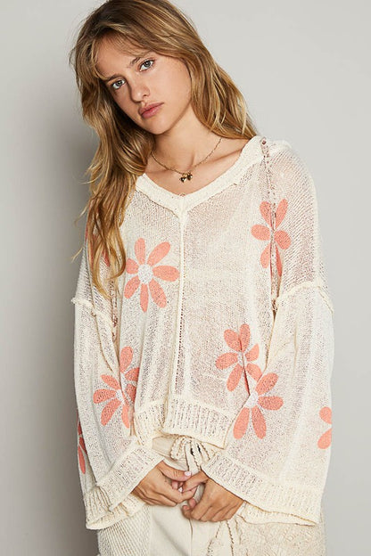 Pol V-neck long sleeve floral print hoodie sweater Cream