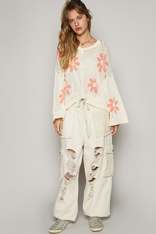 Pol V-neck long sleeve floral print hoodie sweater Cream