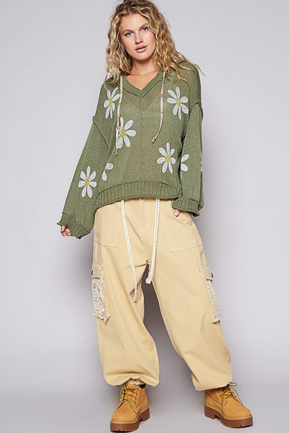 Pol V-neck long sleeve floral print hoodie sweater Cream