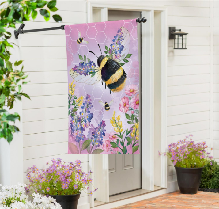 Pollinator Garden Pink Florals Bee Burlap Flag