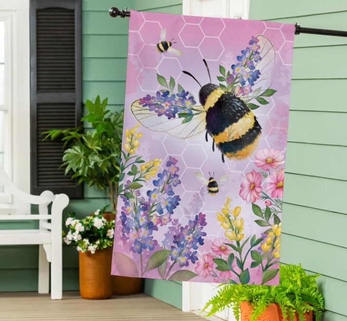 Pollinator Garden Pink Florals Bee Burlap Flag