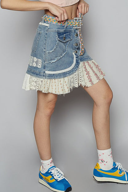 Mazie Printed patchwork button down flare mini skirt