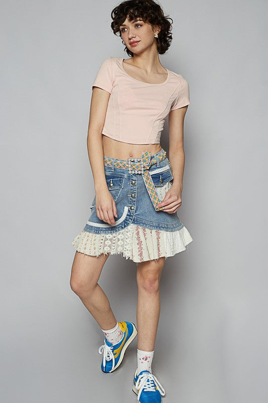 Mazie Printed patchwork button down flare mini skirt