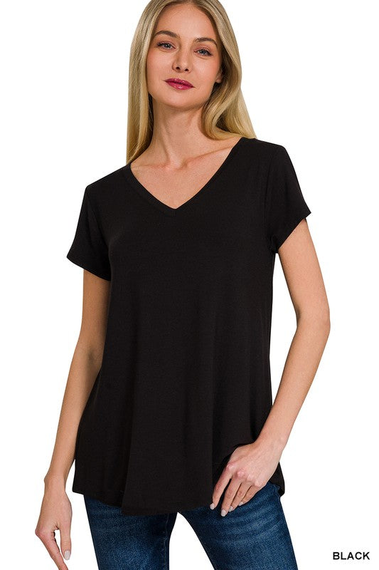 RAYON SHORT SLEEVE V-NECK ROUND HEM TOP