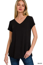 RAYON SHORT SLEEVE V-NECK ROUND HEM TOP