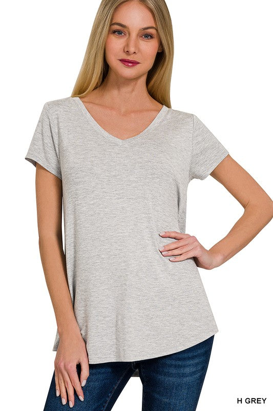 RAYON SHORT SLEEVE V-NECK ROUND HEM TOP