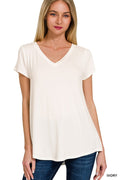 RAYON SHORT SLEEVE V-NECK ROUND HEM TOP