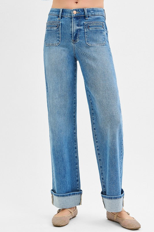 Elastic Band Mid Rise Wid Front Patch Pocket Cuff