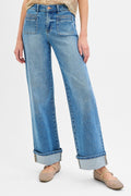 Elastic Band Mid Rise Wid Front Patch Pocket Cuff