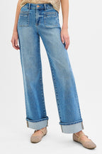 Elastic Band Mid Rise Wid Front Patch Pocket Cuff