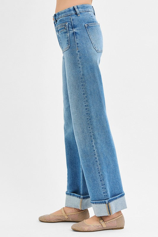 Elastic Band Mid Rise Wid Front Patch Pocket Cuff