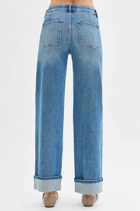 Elastic Band Mid Rise Wid Front Patch Pocket Cuff