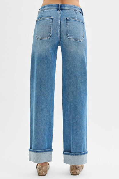 Elastic Band Mid Rise Wid Front Patch Pocket Cuff