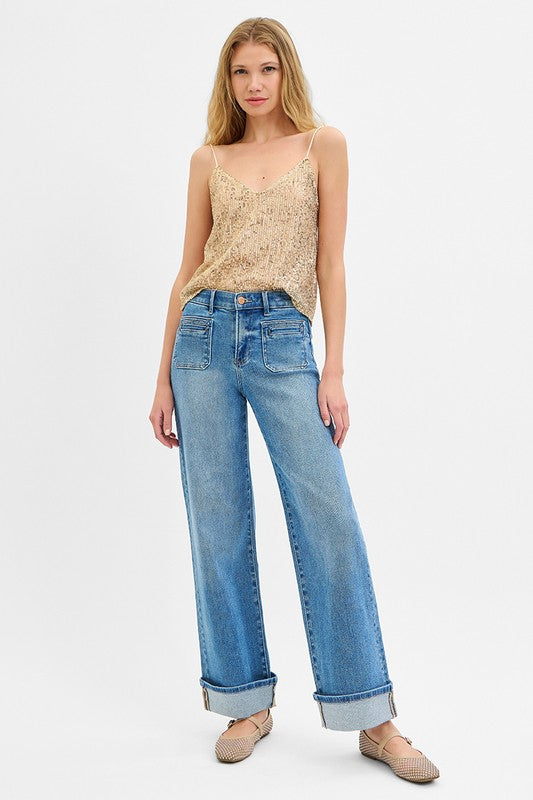 Elastic Band Mid Rise Wid Front Patch Pocket Cuff