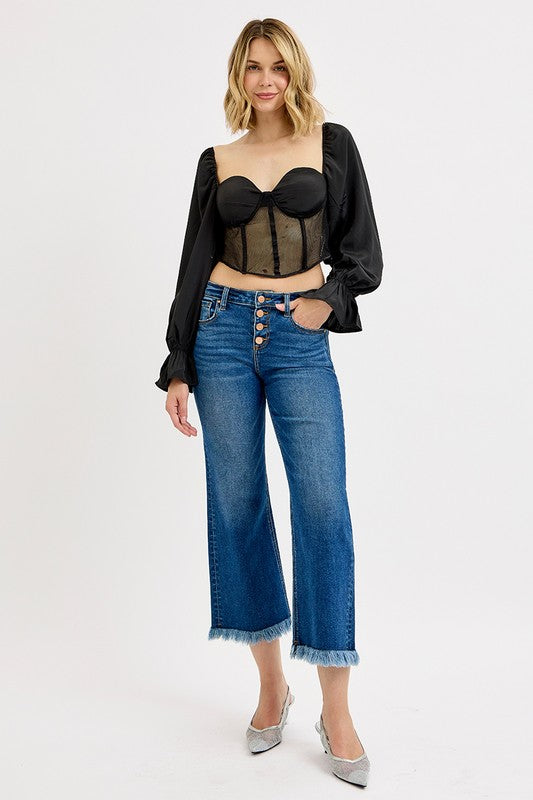 Risen Mid Rise Crop Wide Button Down Jeans